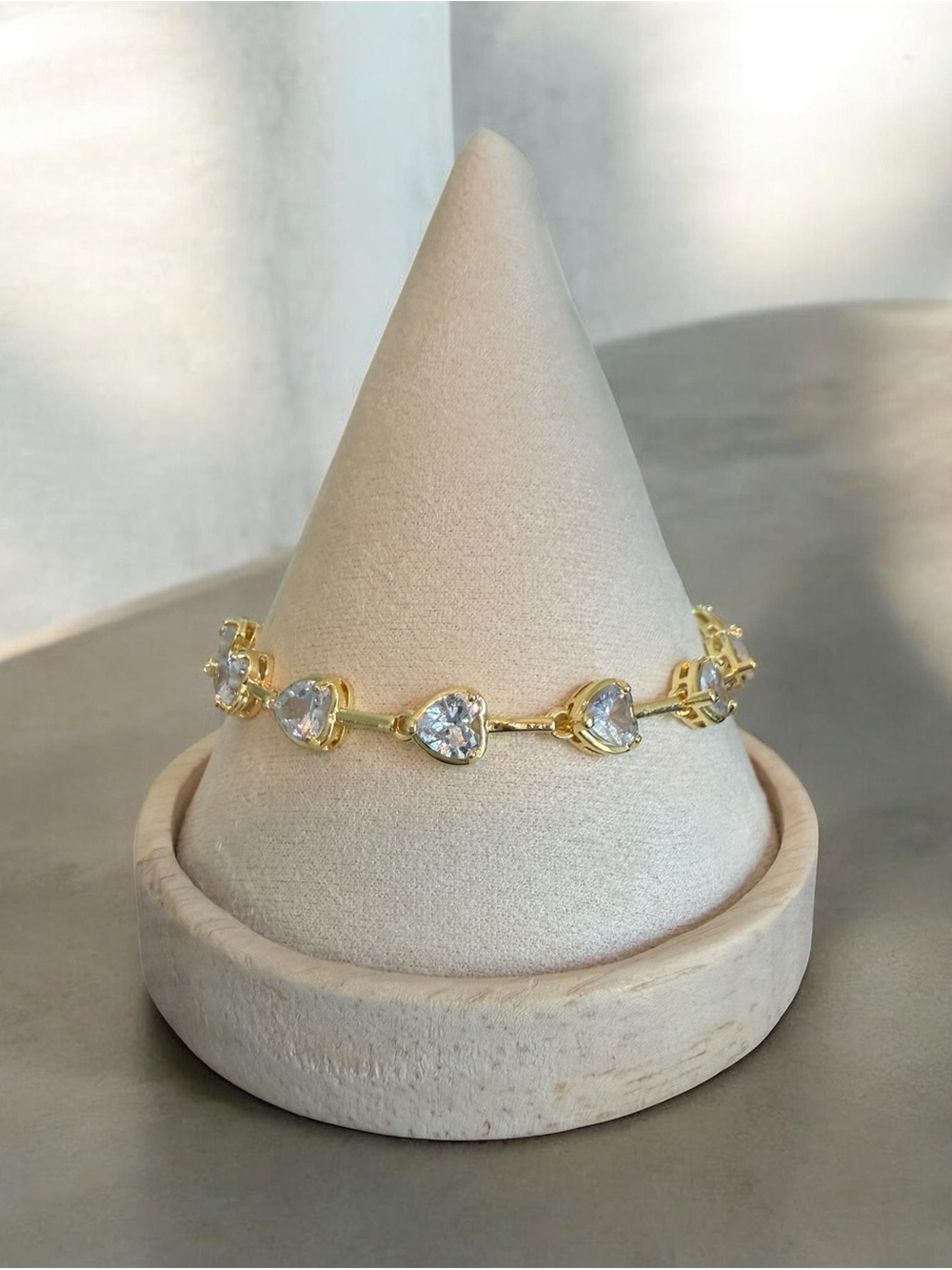 14K Gold Plated Heart Link Bracelet with Clear Stones